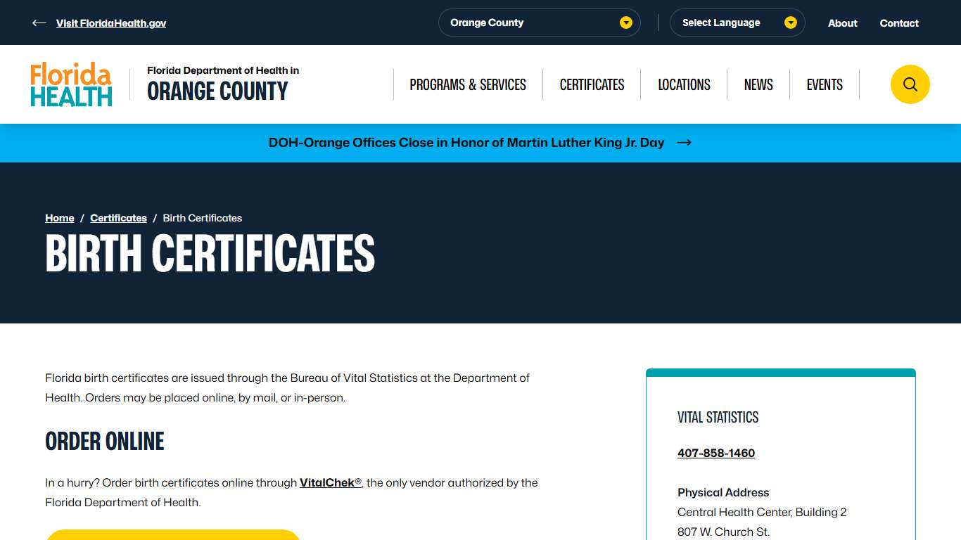 Birth Certificates - Florida Department of Health in Orange County